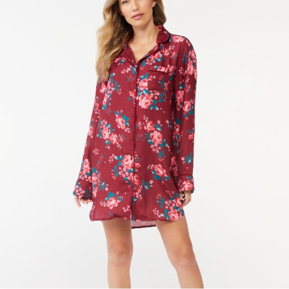Sofia Intimates Luxe Matte Satin Sleepshirt Women’s 3X Rhubarb Red & Pink Roses